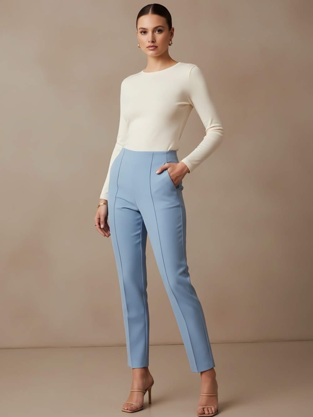 Tailored High-Waist Stretchy Slim Ankle Pants in Light Blue